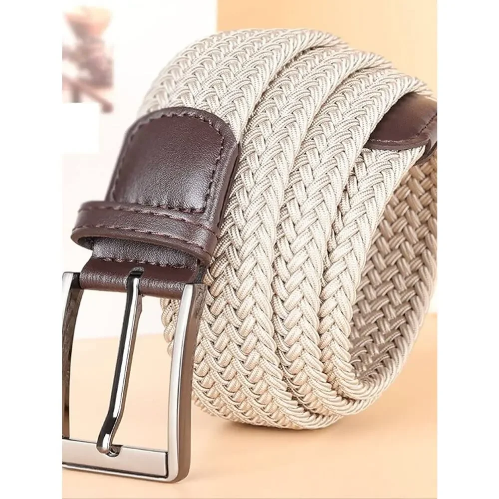 Men's Woven Stretch Belt Beige Tan Brown Leather Trim XL 42-44